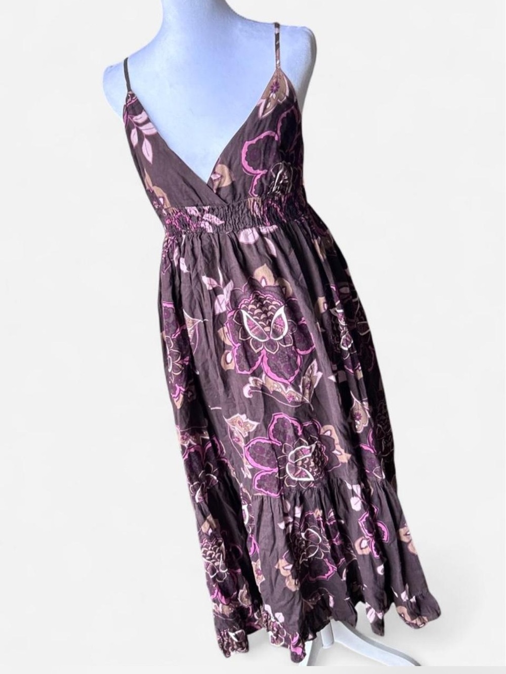 Y2K Maxi dress Babydoll 2000s Brown/pink floral cotton dress tiered M Festival